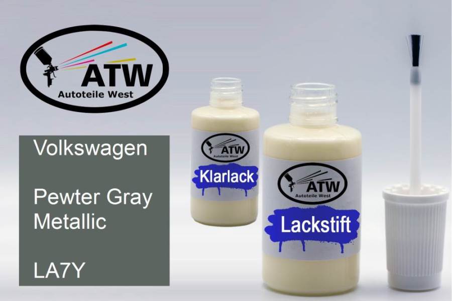 Volkswagen, Pewter Gray Metallic, LA7Y: 20ml Lackstift + 20ml Klarlack - Set, von ATW Autoteile West.